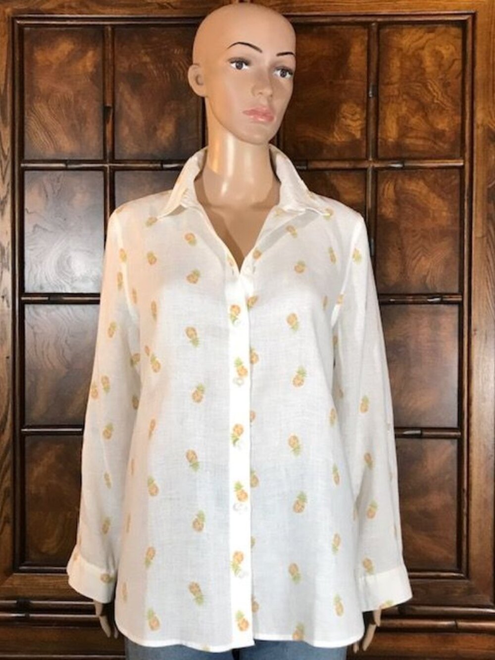 Chico's 100% Linen No Iron Roll Tab Pineapple Play Button Down Shirt